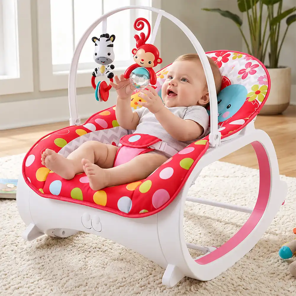 StarAndDaisy Baby Rocker Chair with Toy Bar, Infant Rocking Seat with Soft Cushion, Safety Harness & Interactive Toys for Newborns and Babies – Red