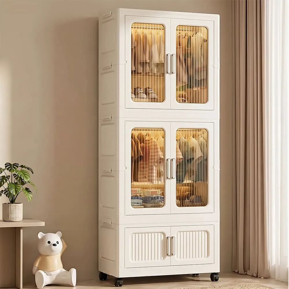 StarAndDaisy Transparent Wardrobe storage Cabinets for Cloths with Wheels, Portable Storage Cubes with Handles, 1 Wardrobe & 2 Folding Box – White