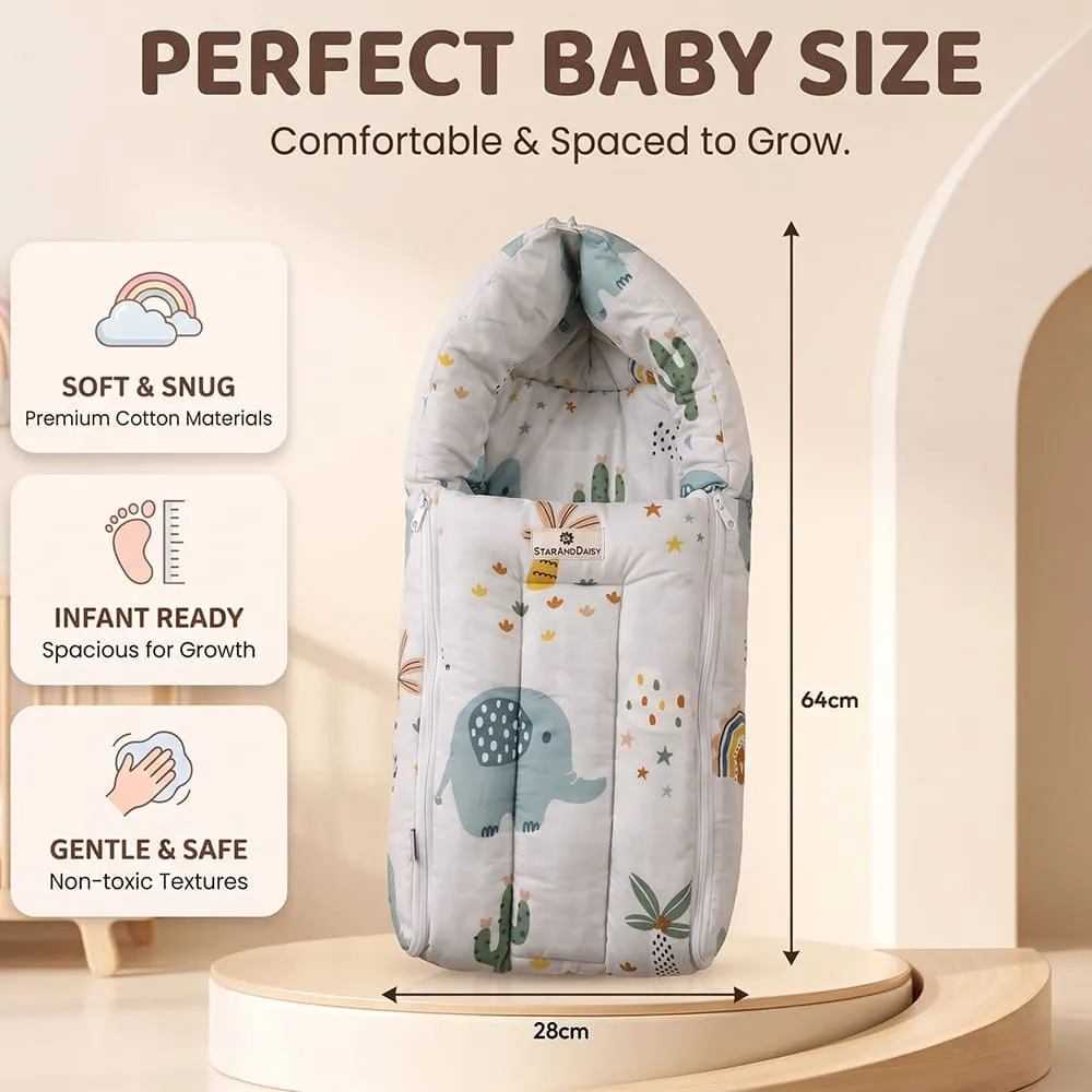 details and dimension of baby sleeping bag elephant print