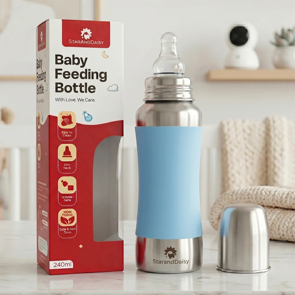 StarAndDaisy 240ml Stainless Steel Baby Feeding Bottle with SafeGrip Silicone Sleeve