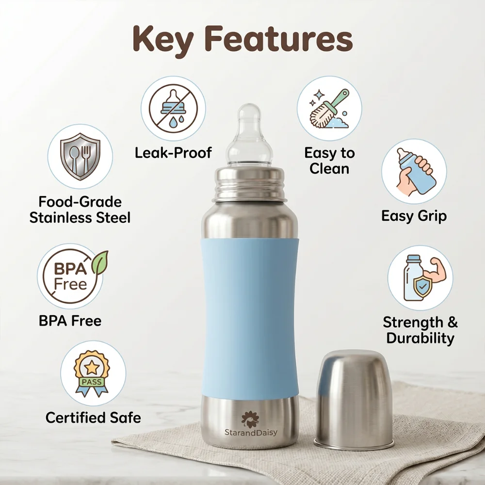 StarAndDaisy 240ml Stainless Steel Baby Feeding Bottle with SafeGrip Silicone Sleeve