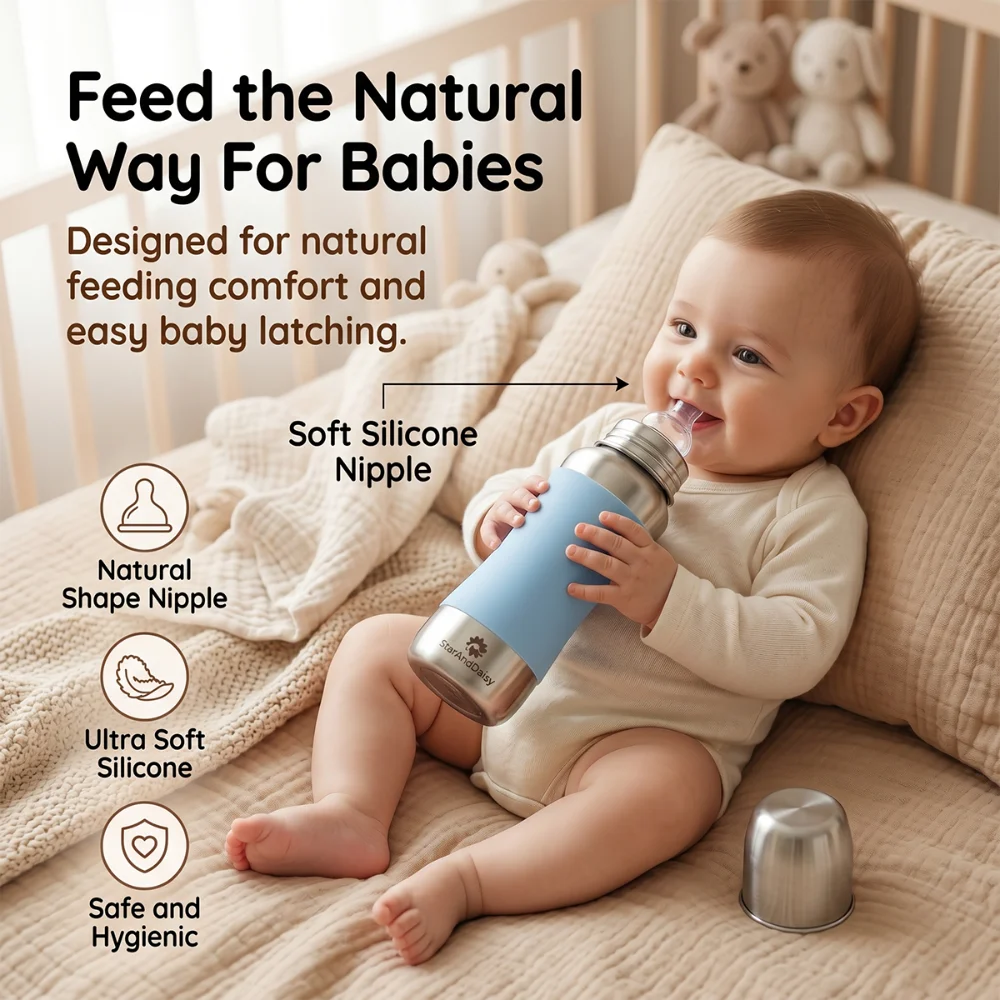 StarAndDaisy 240ml Stainless Steel Baby Feeding Bottle with SafeGrip Silicone Sleeve
