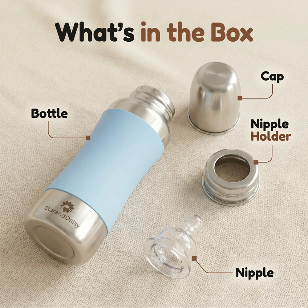 StarAndDaisy 240ml Stainless Steel Baby Feeding Bottle with SafeGrip Silicone Sleeve