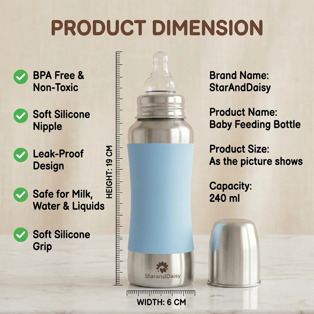 StarAndDaisy 240ml Stainless Steel Baby Feeding Bottle with SafeGrip Silicone Sleeve