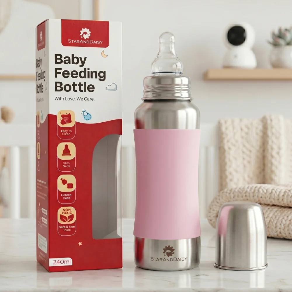 StarAndDaisy 240ml Stainless Steel Baby Feeding Bottle with SafeGrip Silicone Sleeve