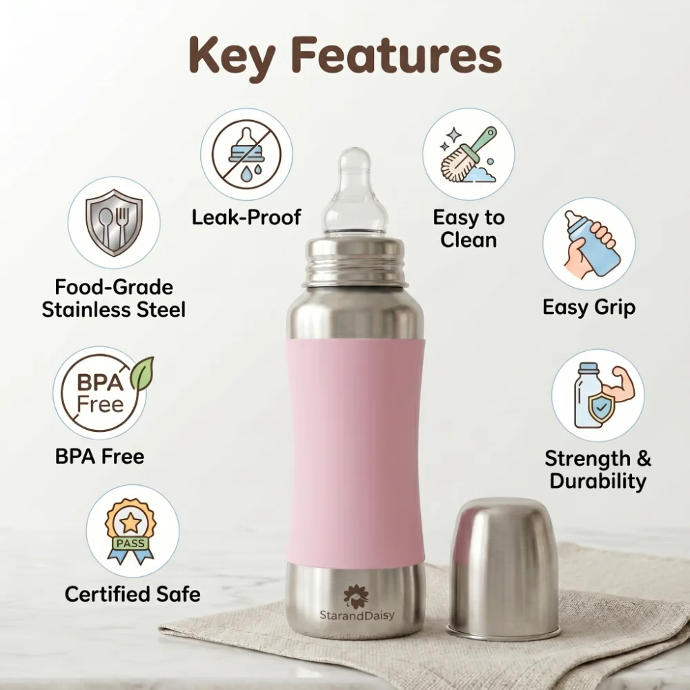 StarAndDaisy 240ml Stainless Steel Baby Feeding Bottle with SafeGrip Silicone Sleeve