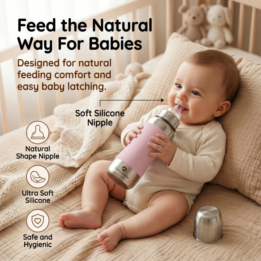 StarAndDaisy 240ml Stainless Steel Baby Feeding Bottle with SafeGrip Silicone Sleeve