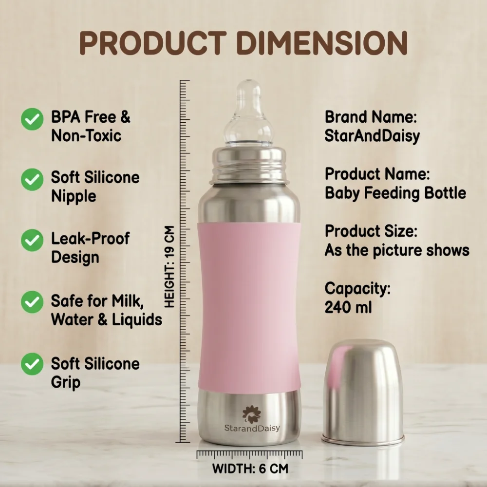StarAndDaisy 240ml Stainless Steel Baby Feeding Bottle with SafeGrip Silicone Sleeve