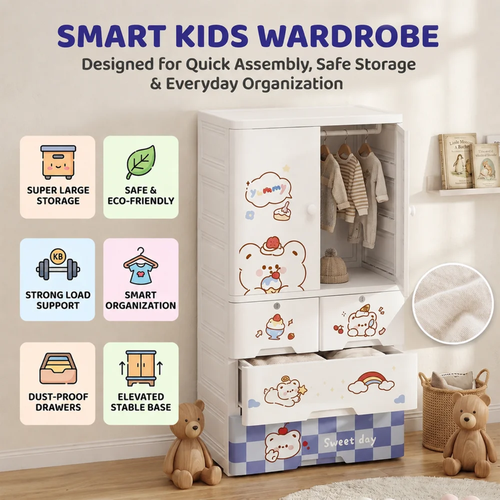 Kids wooden wardrobe with shelves and hanging space for organizing children's clothes, toys, and accessories