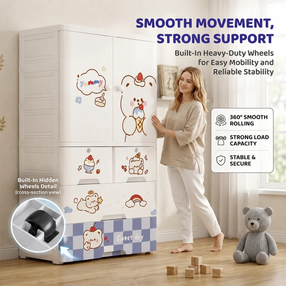Kids wooden wardrobe with shelves and hanging space for organizing children's clothes, toys, and accessories