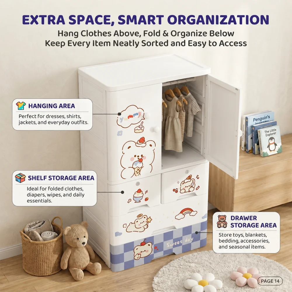 Kids wooden wardrobe with shelves and hanging space for organizing children's clothes, toys, and accessories