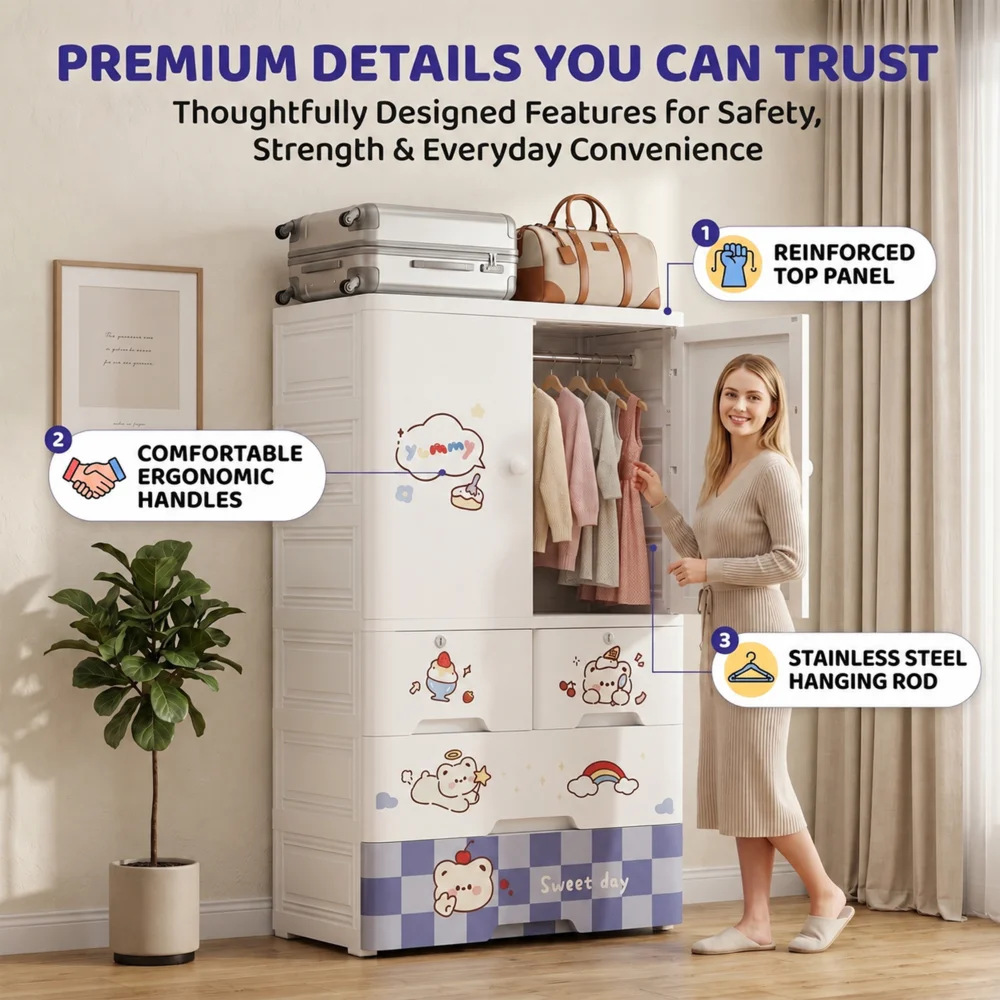 Kids wooden wardrobe with shelves and hanging space for organizing children's clothes, toys, and accessories