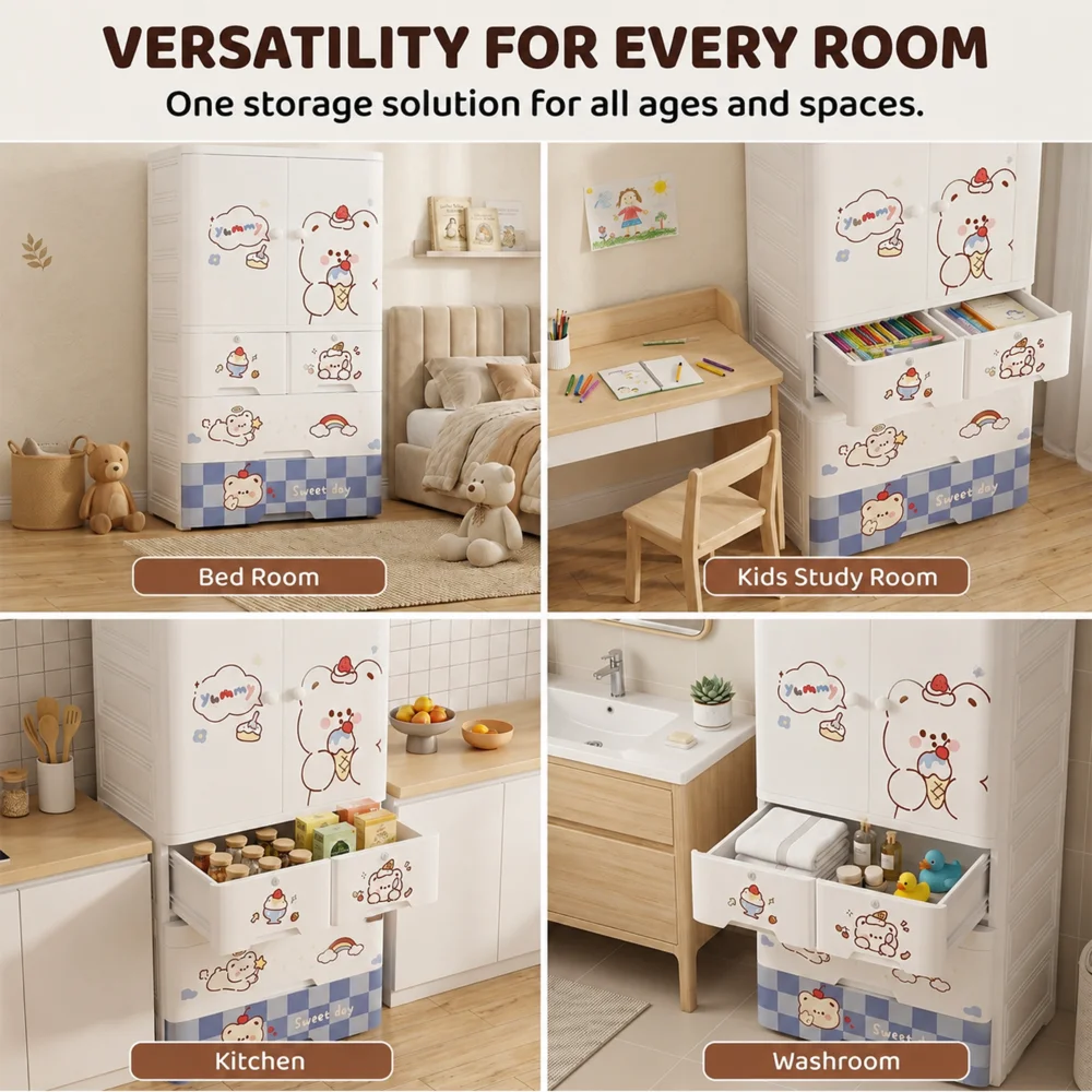 Kids wooden wardrobe with shelves and hanging space for organizing children's clothes, toys, and accessories