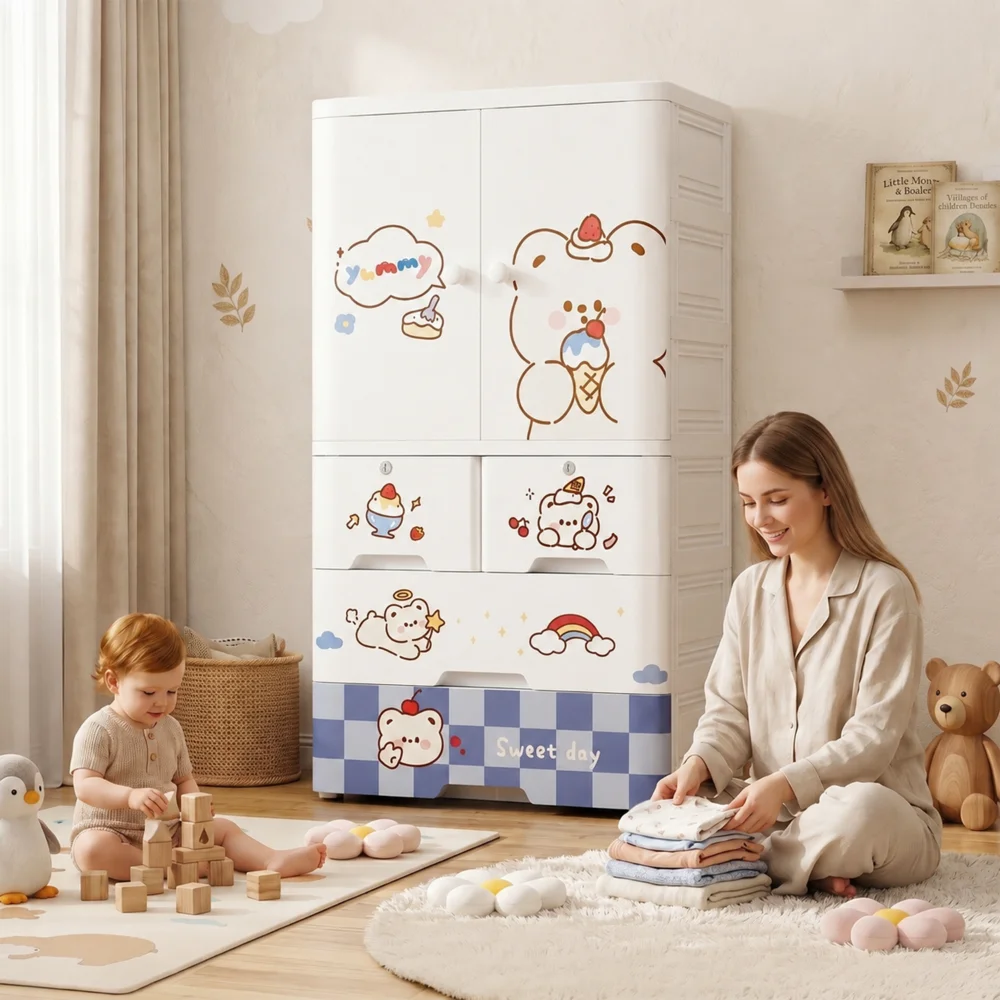 Kids wooden wardrobe with shelves and hanging space for organizing children's clothes, toys, and accessories