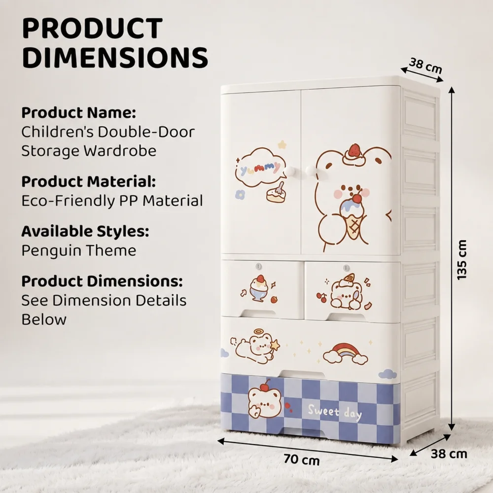 Kids wooden wardrobe with shelves and hanging space for organizing children's clothes, toys, and accessories