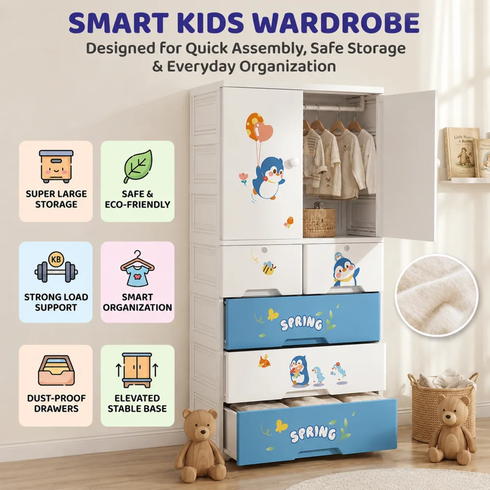 Kids wooden wardrobe with shelves and hanging space for organizing children's clothes, toys, and accessories