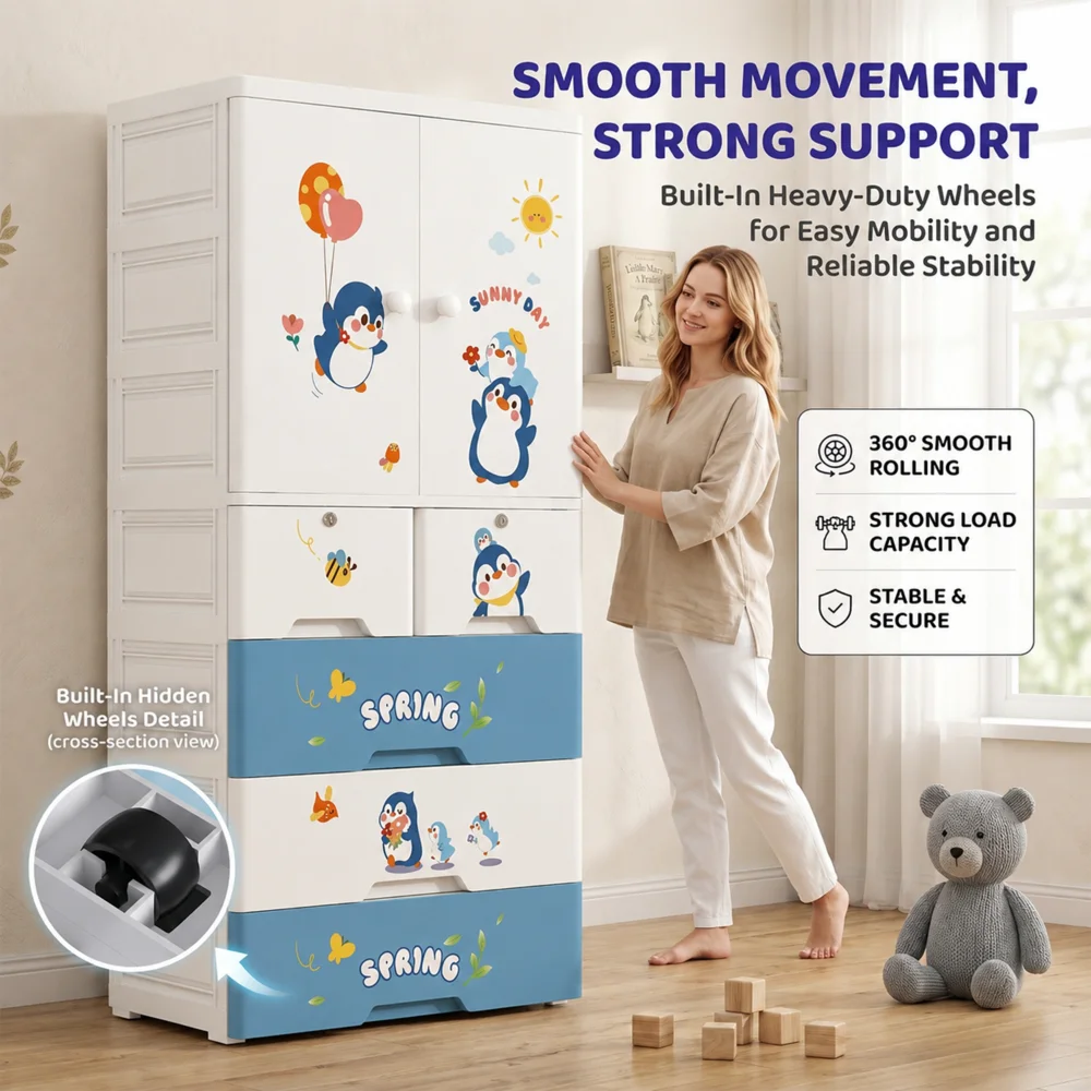 Kids wooden wardrobe with shelves and hanging space for organizing children's clothes, toys, and accessories