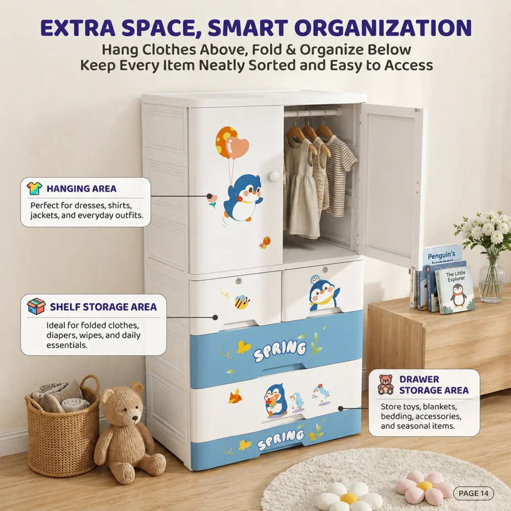 Kids wooden wardrobe with shelves and hanging space for organizing children's clothes, toys, and accessories