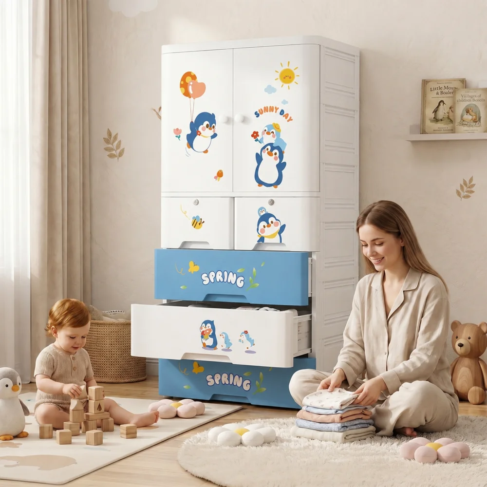 Kids wooden wardrobe with shelves and hanging space for organizing children's clothes, toys, and accessories