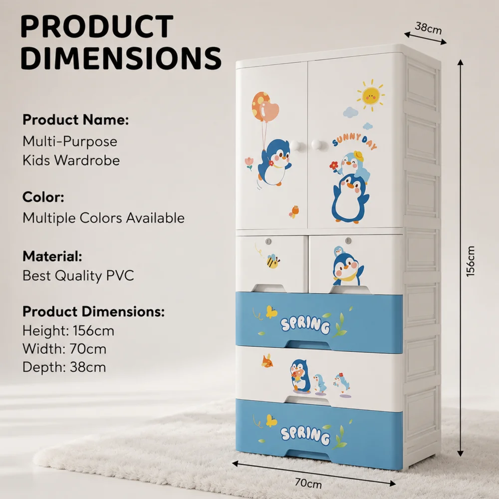 Kids wooden wardrobe with shelves and hanging space for organizing children's clothes, toys, and accessories