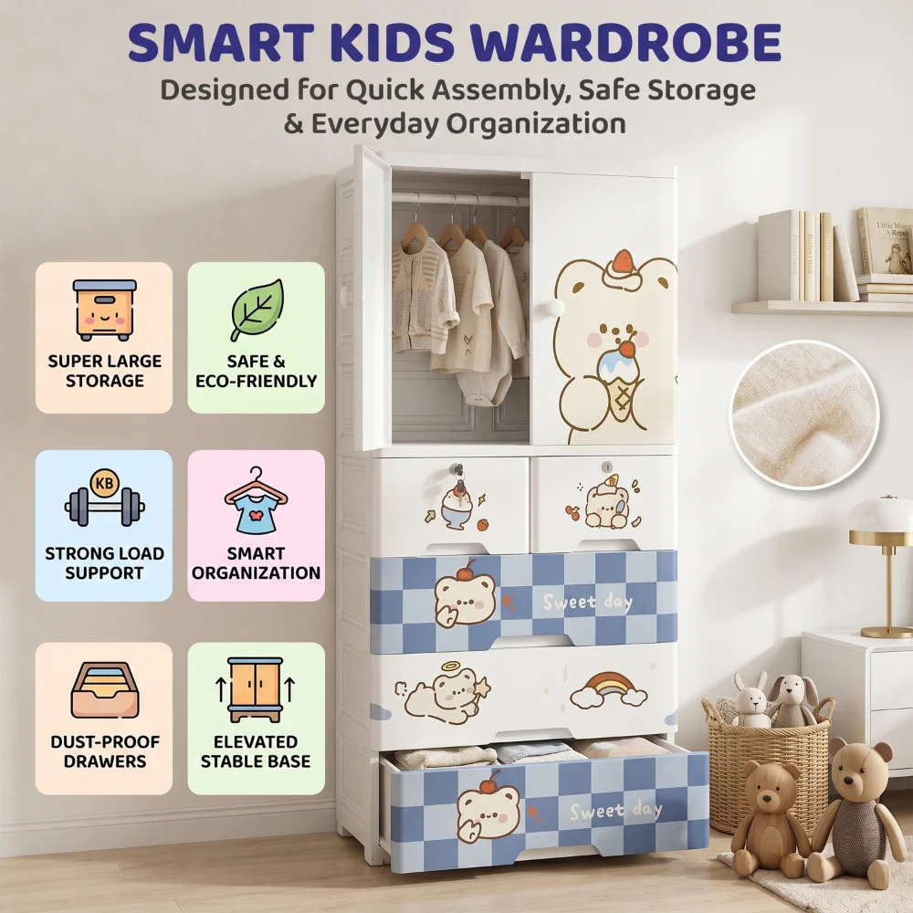 Kids wooden wardrobe with shelves and hanging space for organizing children's clothes, toys, and accessories