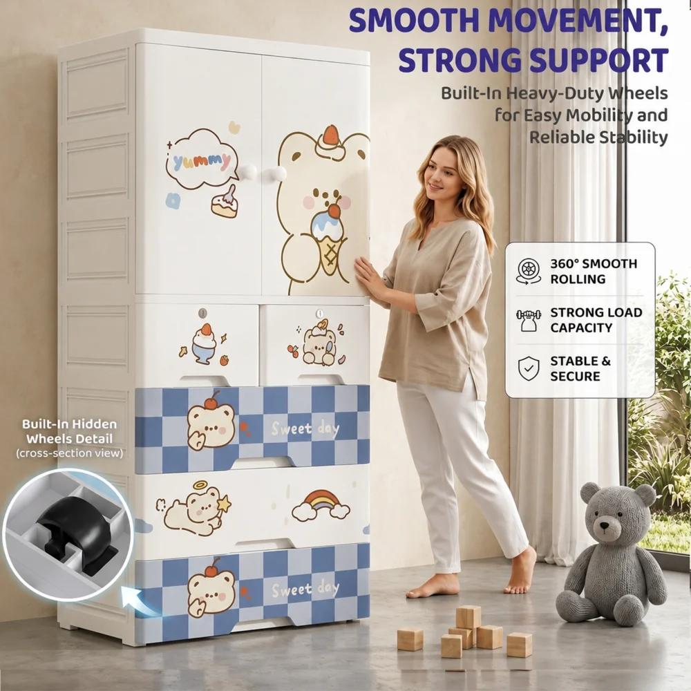 Kids wooden wardrobe with shelves and hanging space for organizing children's clothes, toys, and accessories