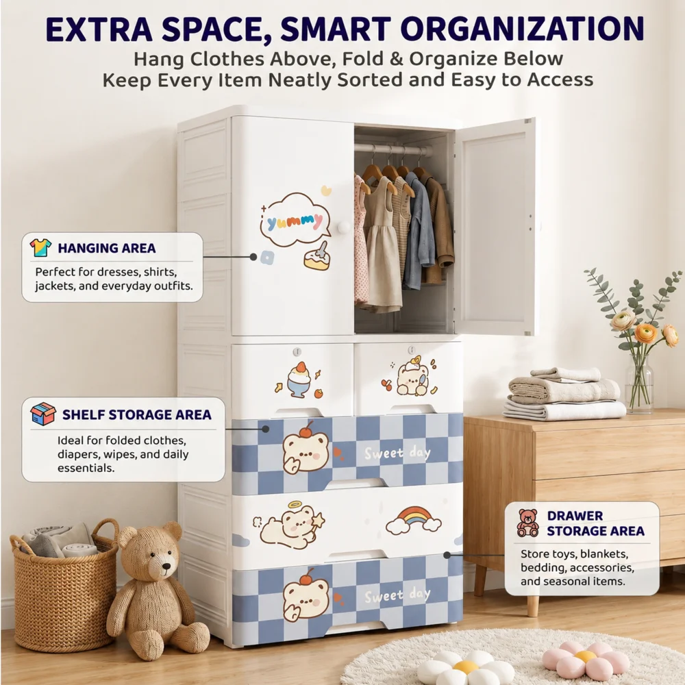 Kids wooden wardrobe with shelves and hanging space for organizing children's clothes, toys, and accessories