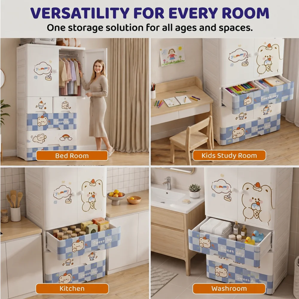 Kids wooden wardrobe with shelves and hanging space for organizing children's clothes, toys, and accessories