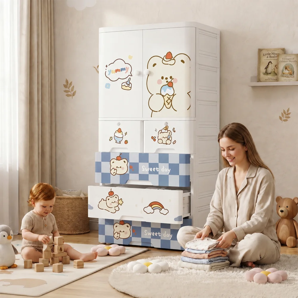 Kids wooden wardrobe with shelves and hanging space for organizing children's clothes, toys, and accessories
