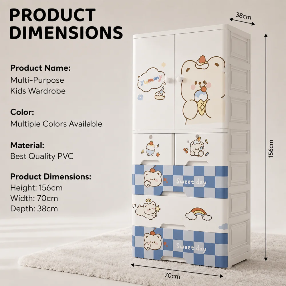 Kids wooden wardrobe with shelves and hanging space for organizing children's clothes, toys, and accessories
