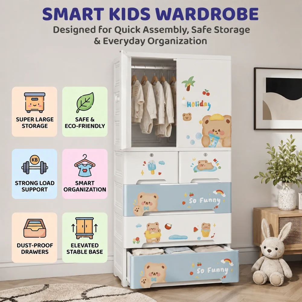 Kids wooden wardrobe with shelves and hanging space for organizing children's clothes, toys, and accessories