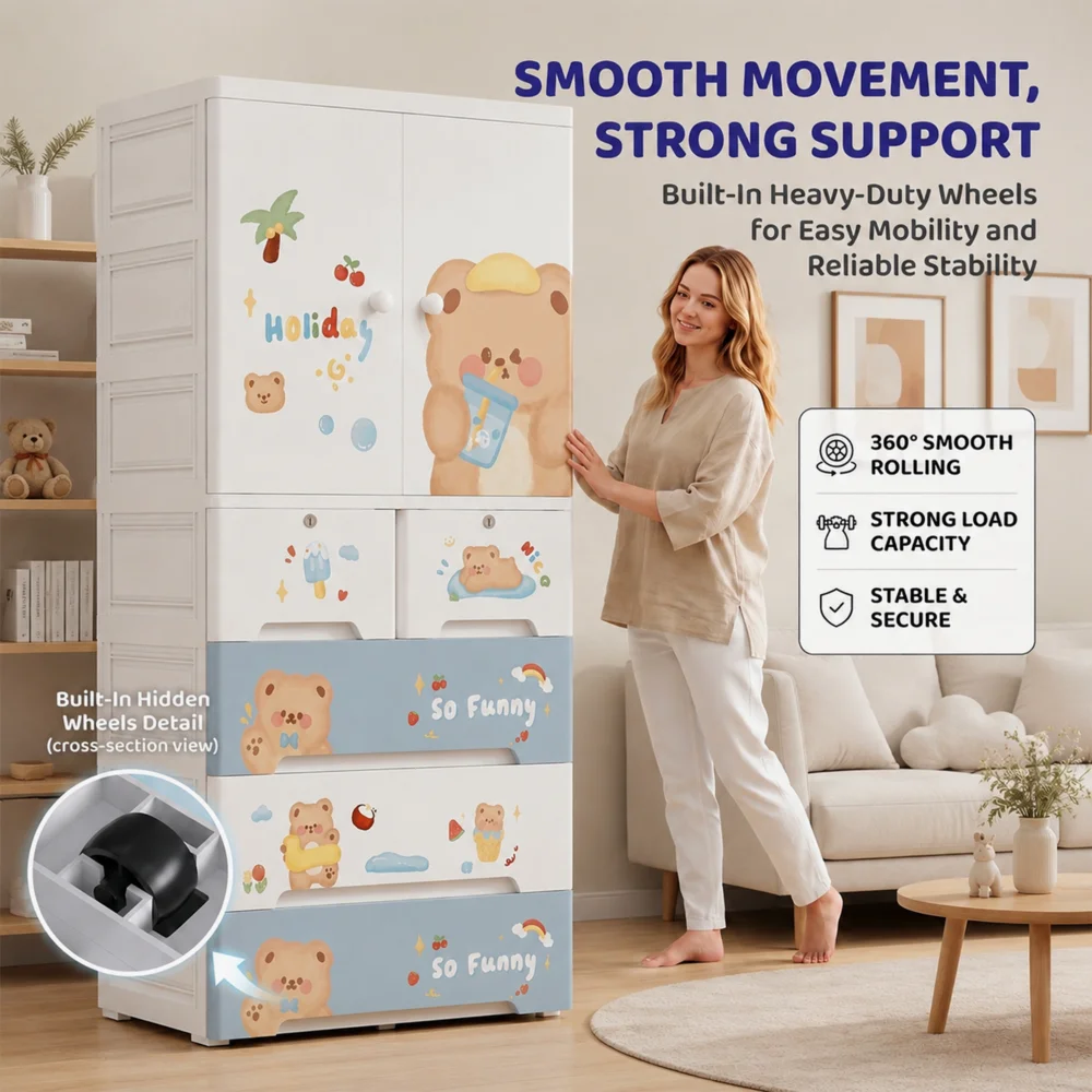 Kids wooden wardrobe with shelves and hanging space for organizing children's clothes, toys, and accessories