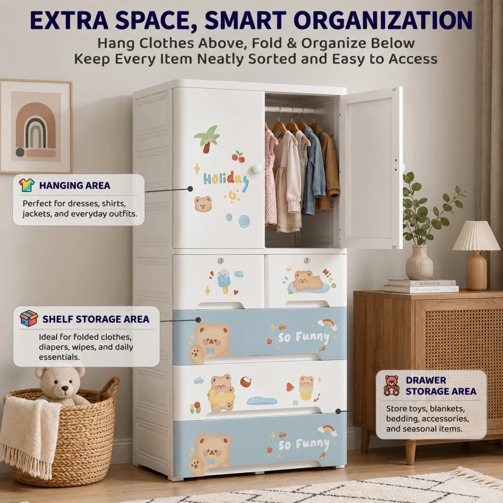 Kids wooden wardrobe with shelves and hanging space for organizing children's clothes, toys, and accessories