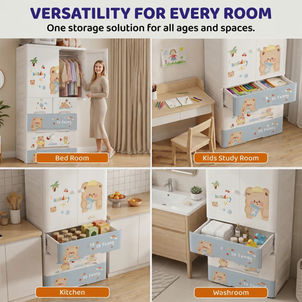Kids wooden wardrobe with shelves and hanging space for organizing children's clothes, toys, and accessories