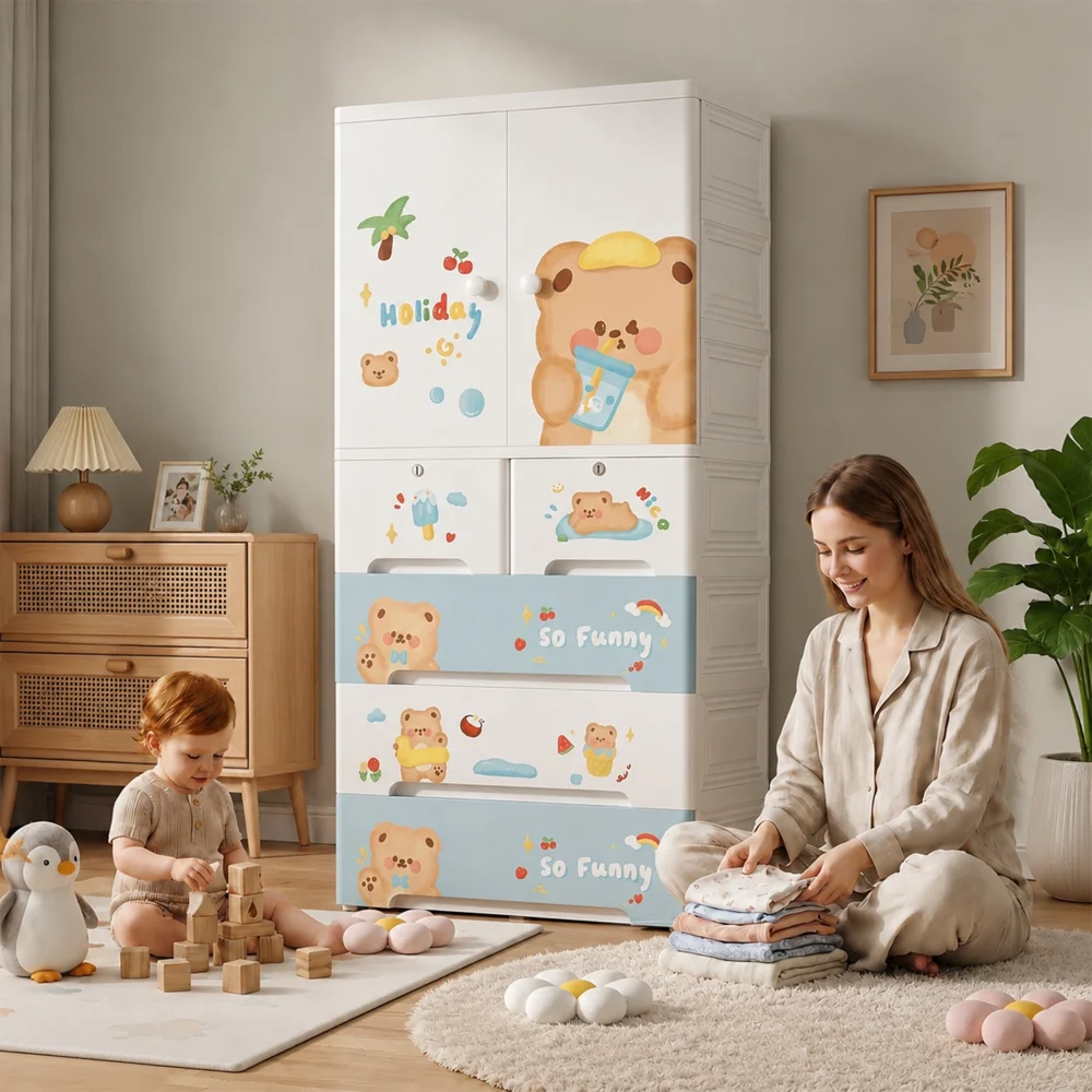 Kids wooden wardrobe with shelves and hanging space for organizing children's clothes, toys, and accessories