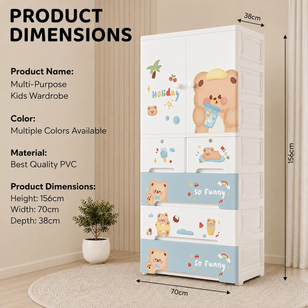 Kids wooden wardrobe with shelves and hanging space for organizing children's clothes, toys, and accessories