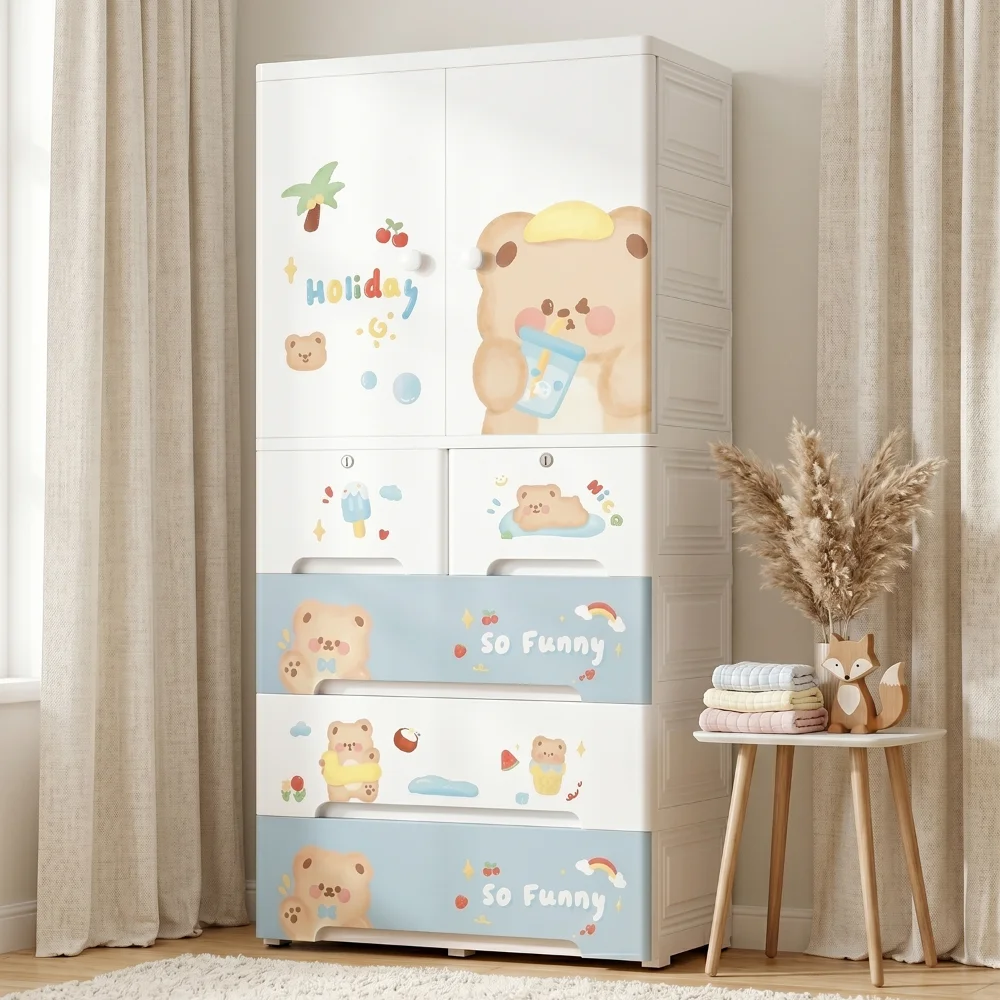 Kids wooden wardrobe with shelves and hanging space for organizing children's clothes, toys, and accessories