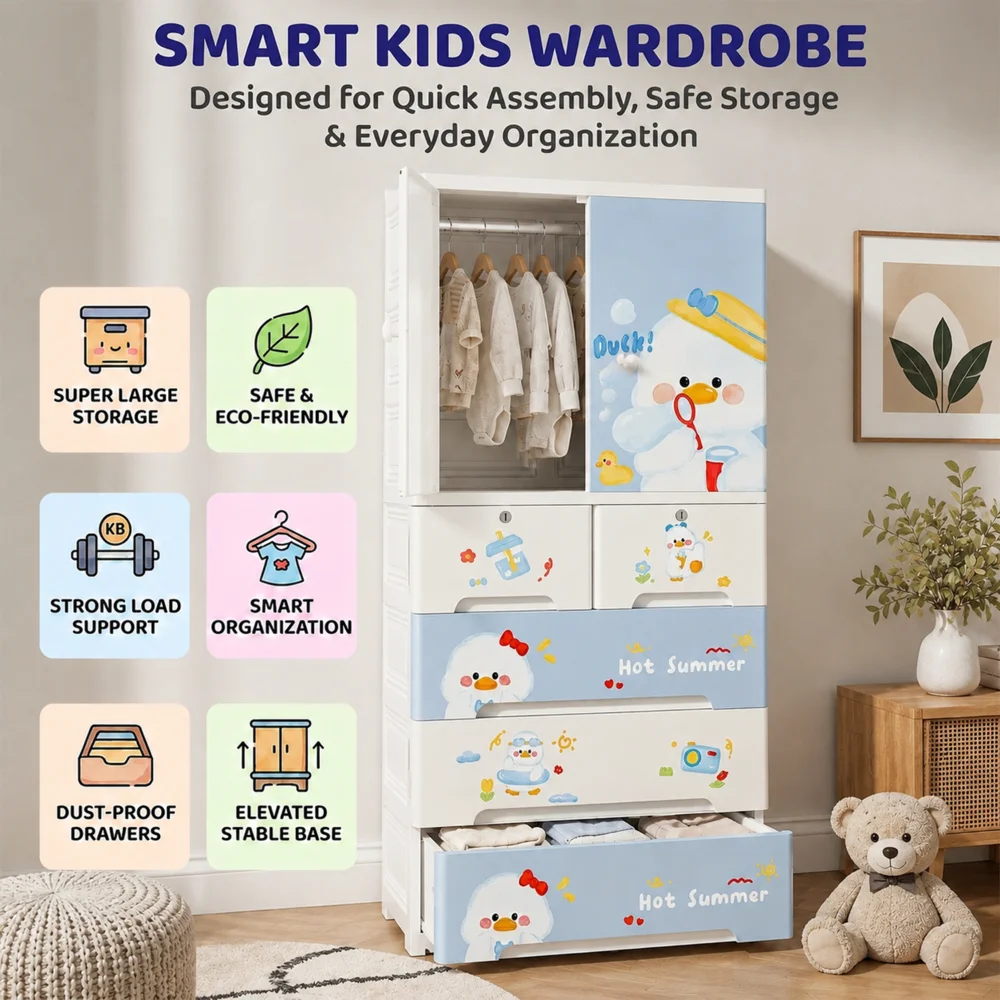Kids wooden wardrobe with shelves and hanging space for organizing children's clothes, toys, and accessories