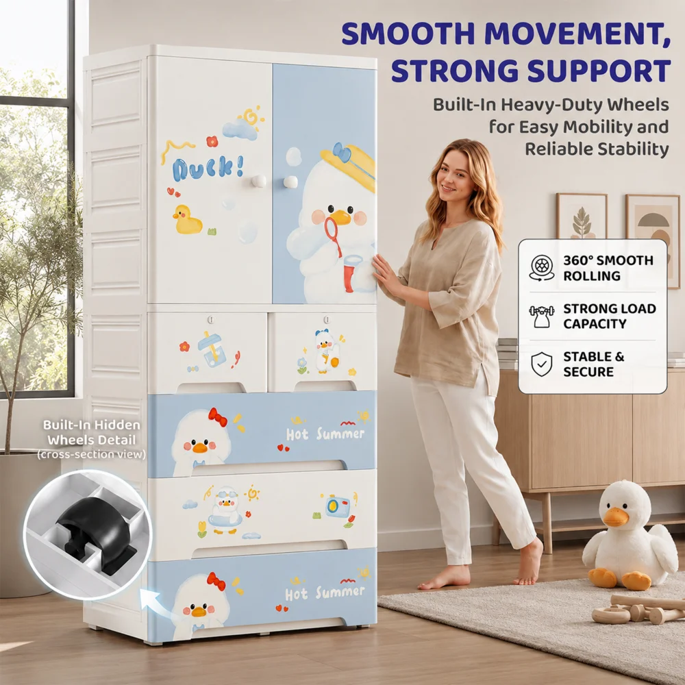 Kids wooden wardrobe with shelves and hanging space for organizing children's clothes, toys, and accessories
