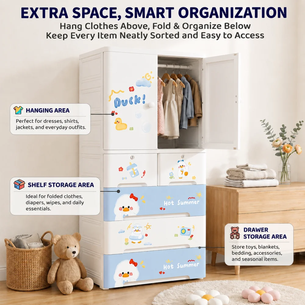 Kids wooden wardrobe with shelves and hanging space for organizing children's clothes, toys, and accessories