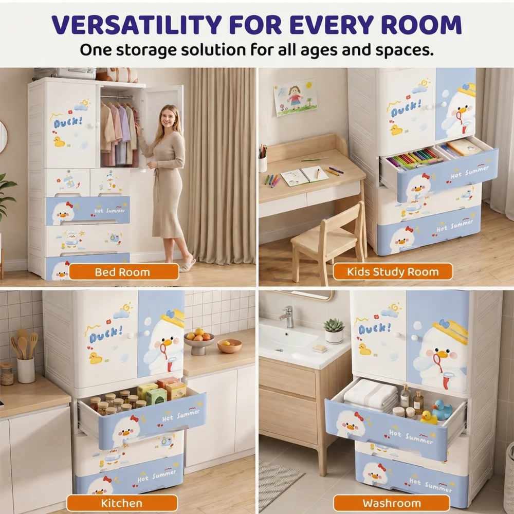 Kids wooden wardrobe with shelves and hanging space for organizing children's clothes, toys, and accessories