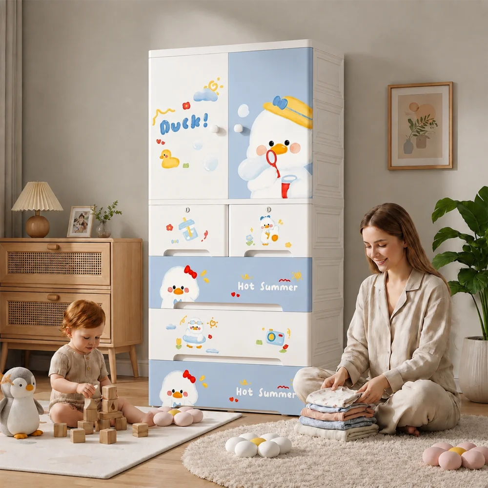 Kids wooden wardrobe with shelves and hanging space for organizing children's clothes, toys, and accessories