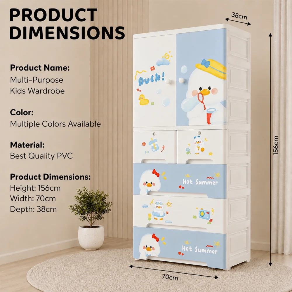Kids wooden wardrobe with shelves and hanging space for organizing children's clothes, toys, and accessories
