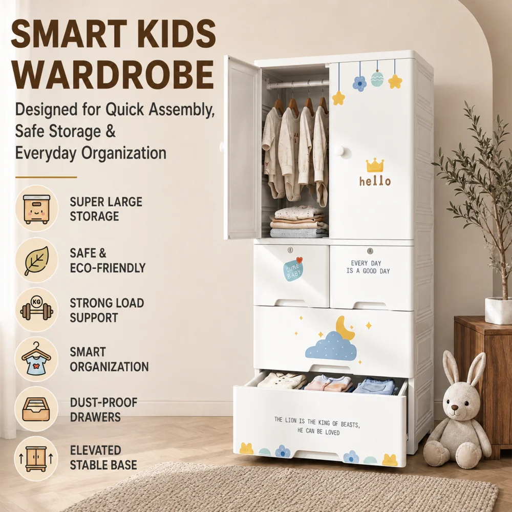 Kids wooden wardrobe with shelves and hanging space for organizing children's clothes, toys, and accessories