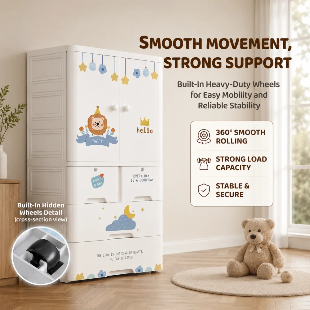 Kids wooden wardrobe with shelves and hanging space for organizing children's clothes, toys, and accessories