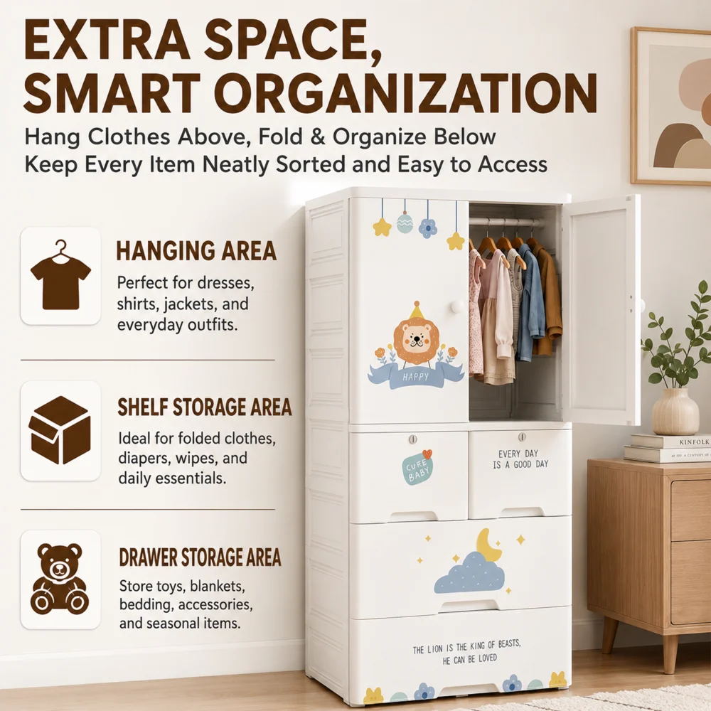 Kids wooden wardrobe with shelves and hanging space for organizing children's clothes, toys, and accessories