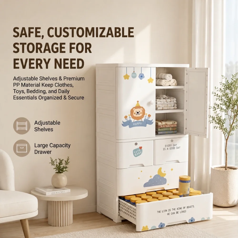 Kids wooden wardrobe with shelves and hanging space for organizing children's clothes, toys, and accessories