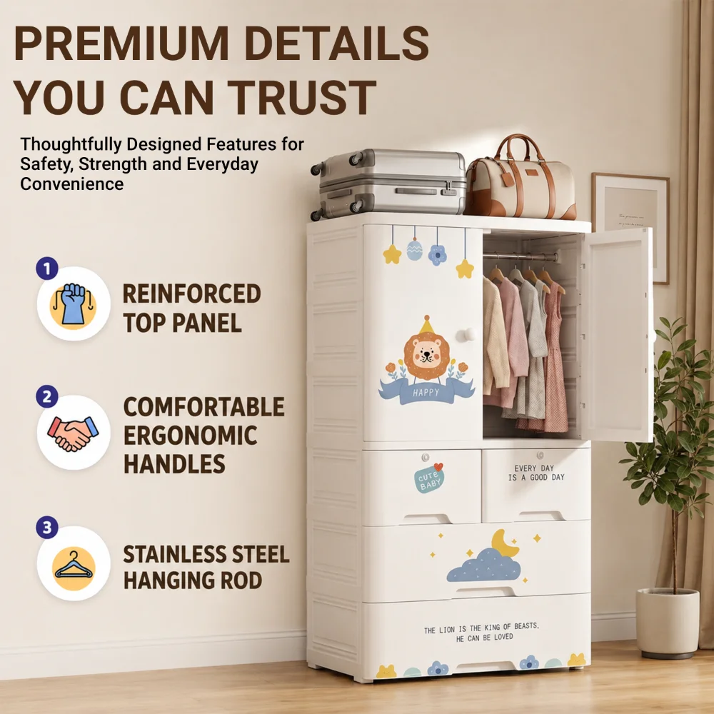 Kids wooden wardrobe with shelves and hanging space for organizing children's clothes, toys, and accessories