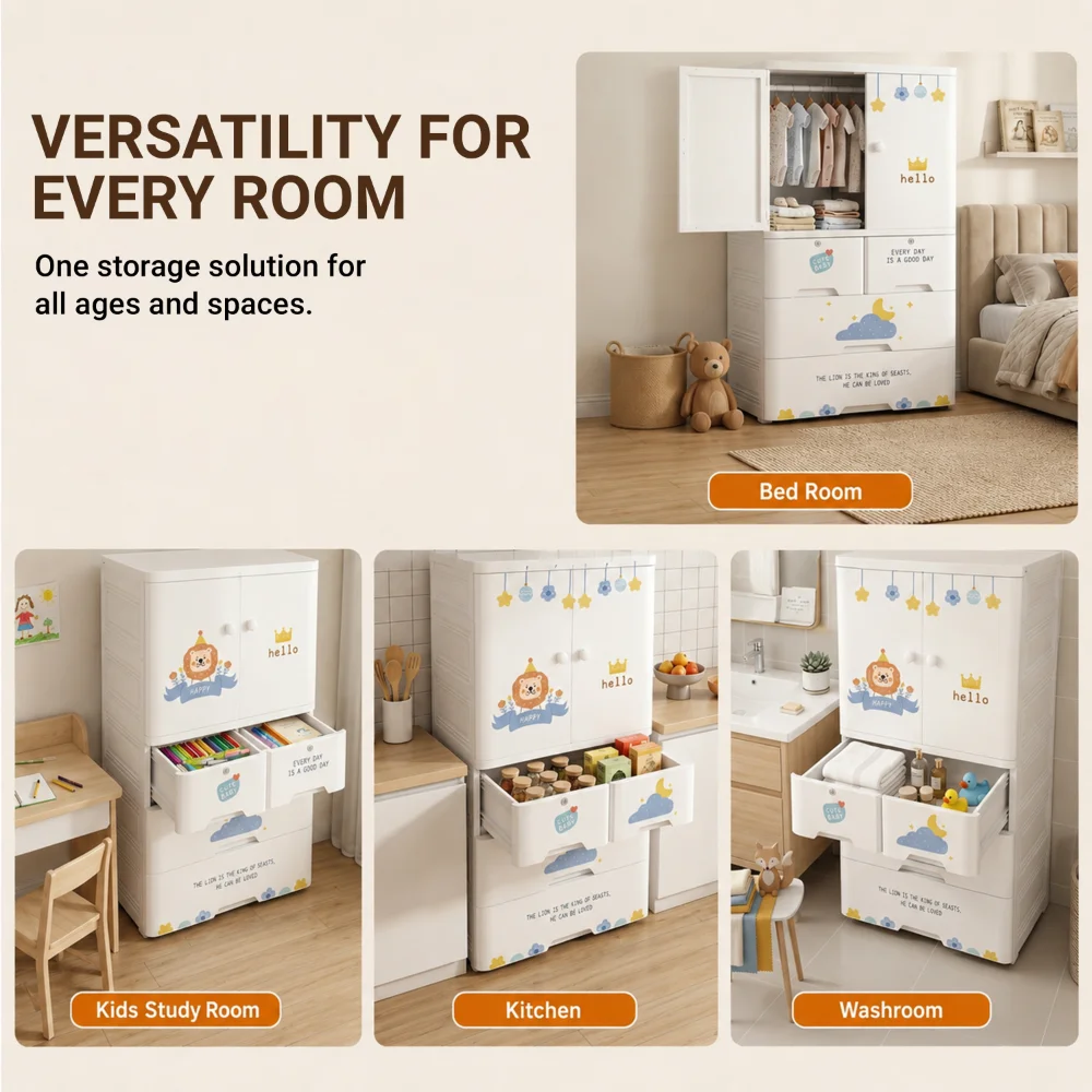 Kids wooden wardrobe with shelves and hanging space for organizing children's clothes, toys, and accessories
