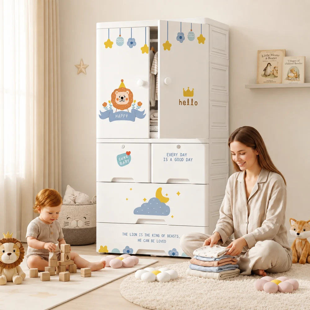 Kids wooden wardrobe with shelves and hanging space for organizing children's clothes, toys, and accessories